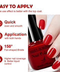 Close-up of red nail polish on nails, bottle labeled 'Meet Across.' Red Nail Polish Set With 8 Trendy Colors Including Nude Pink Shimmer.