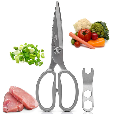 All Stainless Steel Kitchen Scissors Heavy Duty Shears For Food Prep Cut Chicken Seafood Veggies Fruit And Tough Meat With Ergonomic Grip Handles And Lifetime Replacement Warranty, stainless steel with opener