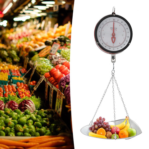 Double Sided Dial Hanging Scale 22 Lbs Mechanical Scale With Big Display Scoop And Chain Heavy Duty Iron Body Farm Grade For Farm Kitchen Food And Produce Great For Market Use And Home Kitchen Quick Weighing Of Produce