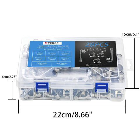 Heavy Duty T Bolt Hose Clamps Kit, 28 Piece Six Size Assortment, Range 17 to 35mm, 304 Stainless Steel Clamps in transparent case