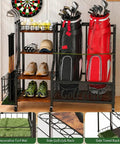 Garage Golf Bag Storage Organizer Holds 2 Full Size Bags With 360 Degree Swivel Wheels Wood Shelves Anti Tip Straps And A Sturdy Steel Frame For Stable Easy Access And Ready Club Organization