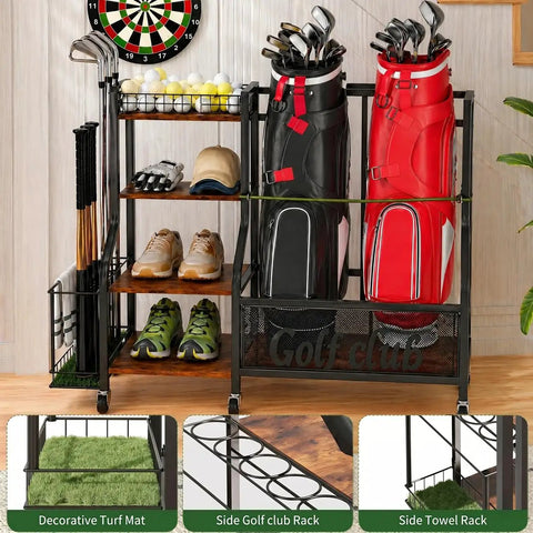 Garage Golf Bag Storage Organizer Holds 2 Full Size Bags With 360 Degree Swivel Wheels Wood Shelves Anti Tip Straps And A Sturdy Steel Frame For Stable Easy Access And Ready Club Organization