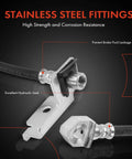 Close-up of stainless steel front brake hydraulic hose assemblies with mounting bracket (2-pack)