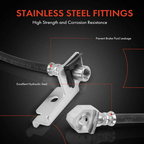 Close-up of stainless steel front brake hydraulic hose assemblies with mounting bracket (2-pack)