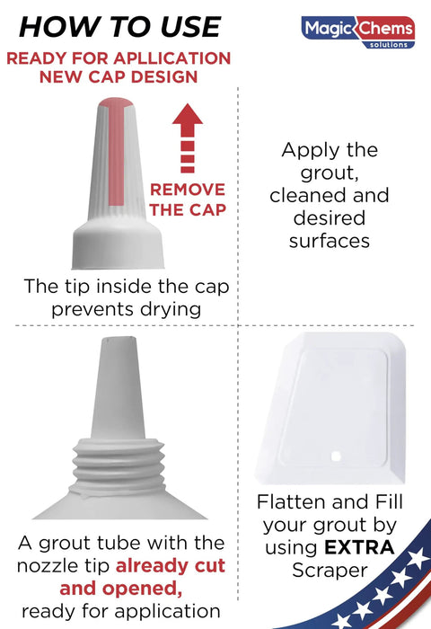 Instructions for using the new cap design of Grout Repair Kit White 8.8 Oz Quick Dry Tile Grout Filler Tube.