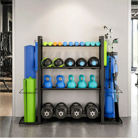 Heavy Duty Four Tier Dumbbell Rack With Dedicated Yoga Mat Holder And Straight Fire Home Gym Weight Storage Organizer For Kettlebells Rollers And Bands