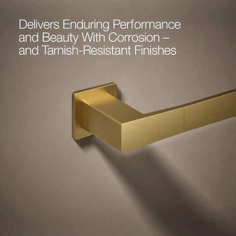 Close-up of Honesty 18 Inch Towel Bar In Vibrant Brushed Moderne Brass showing sleek wall-mounted design and corrosion resistance.