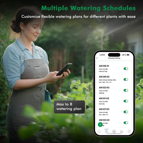User setting schedules on app for Brass Inlet And Outlet Smart Sprinkler Hose Timer With Flow Meter and WiFi Bluetooth control