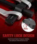 Two Jaw Reversible Gear Puller Set with safety lock design for external and internal removal, close-up of locking mechanism.