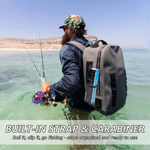 Person holding fishing rod with backpack showing 53 Inch Waterproof Folding Fishing Ruler With Bump Board Measuring Board Portable Tape