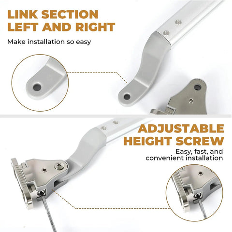 Smooth Operating Cabinet Lift Up Hinge With Hydraulic Buffer For Quiet No Squeak Opening Aluminum Alloy Construction 26.45 Lb Load Capacity Heavy Duty Cabinet Door Hardware Fits 33.46 By 39.37 Inch Cabinets, showing adjustable height feature and link section for easy installation.