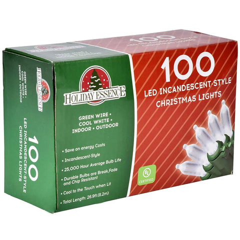 Packaging of Cool White LED String Lights For Indoor Outdoor Decor 26.9 Ft Green Wire showing product features