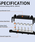 Built Like A Truck 275 Amp Heavy Duty Power Distribution Bus Bar With Six M8 Terminals For 12V Marine And Car Audio Battery Installations Hella Durable Ground Hookup, showing polycarbonate cover and thickened copper bar.