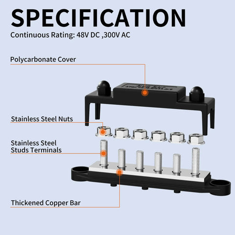 Built Like A Truck 275 Amp Heavy Duty Power Distribution Bus Bar With Six M8 Terminals For 12V Marine And Car Audio Battery Installations Hella Durable Ground Hookup, showing polycarbonate cover and thickened copper bar.