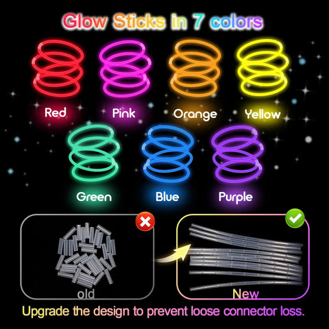 Lit Ultra Bright Glow Sticks Bulk 50 Pack for Parties in 7 colors with new connector design.