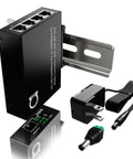 Plug And Play Open SFP Slot DIN Rail Gigabit Ethernet Switch with 4 Port 10 100 1000BaseTX and 1 1000BaseFX, shown with power supply