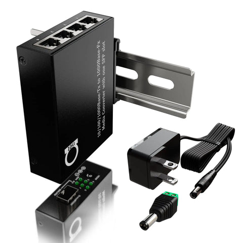 Plug And Play Open SFP Slot DIN Rail Gigabit Ethernet Switch with 4 Port 10 100 1000BaseTX and 1 1000BaseFX, shown with power supply