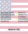Text listing features of Don't Touch My Tools Sticker 5x5 Inch Large Yellow Warning Vinyl Decal over a USA flag background.
