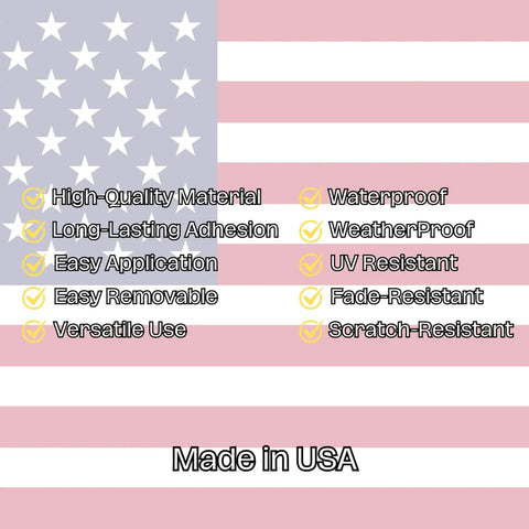 Text listing features of Don't Touch My Tools Sticker 5x5 Inch Large Yellow Warning Vinyl Decal over a USA flag background.