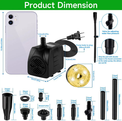 Submersible Pond Fountain Pump 15W 800L/H With LED Lights dimensions and nozzle types displayed