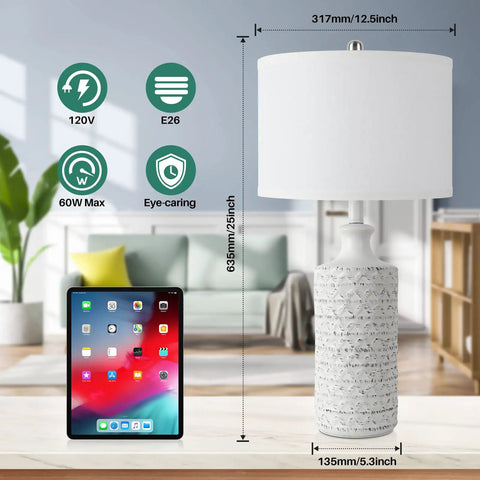 Farmhouse Ceramic Table Lamp With White Fabric Shade, Modern Tall Desk Lamp For Bedroom, Living Room Or Office, Rotary Switch Nightstand Light, Bulb Not Included.