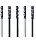 Five Four Flute Carbide Ball Nose End Mill Set One Eighth Inch Shank One Eighth Inch Cutting Diameter positioned vertically