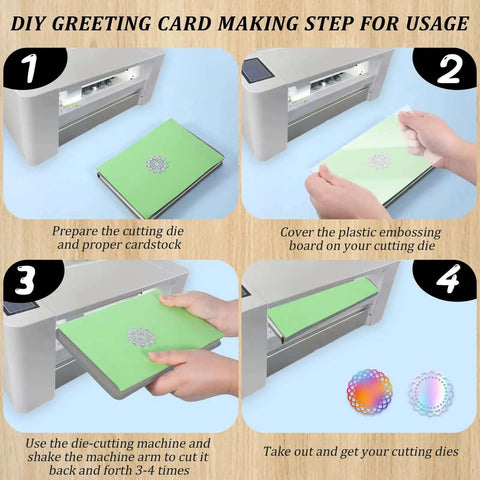 Step-by-step guide using 8 Pattern Round Lace Border Die Set for card making with embossing machine, showing green card and cutting die.
