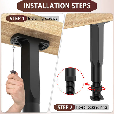 Installation steps for Adjustable Height Bed Frame Support Legs, Plastic Center Support Stands With Swivel Base, showing screw placement.