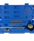 Blue case containing HDLNKAK digital bore gauge set with LCD display, 2–6 in range, and multiple interchangeable anvils.