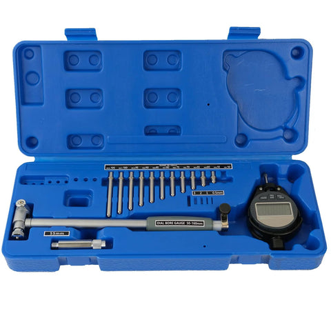 Blue case containing HDLNKAK digital bore gauge set with LCD display, 2–6 in range, and multiple interchangeable anvils.