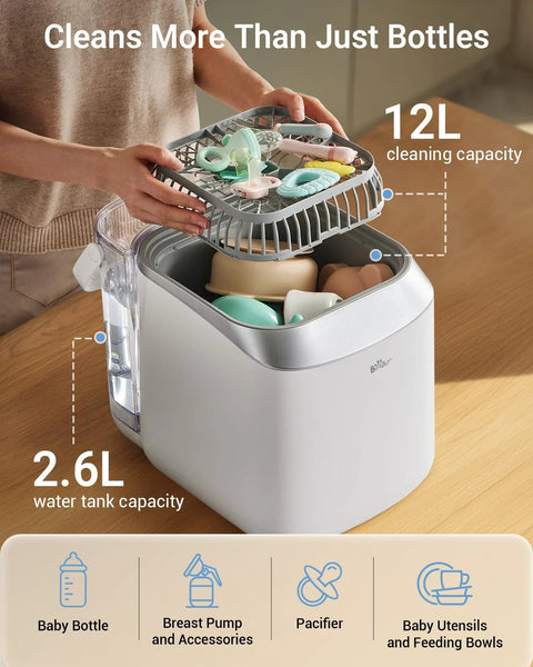 Bear Bottle Washer Pro front view: white baby bottle washer with 2.6L water tank and top rack