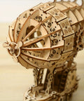 Close-up of intricate 3D wooden airship puzzle kit for adults and teens, showcasing detailed laser-cut design of the model.