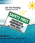 Safety First Aluminum Sign 8x12 Inches Rustproof Wall Decor with text 'Protective Equipment is Available' underwater