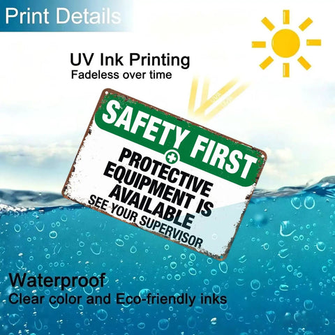 Safety First Aluminum Sign 8x12 Inches Rustproof Wall Decor with text 'Protective Equipment is Available' underwater