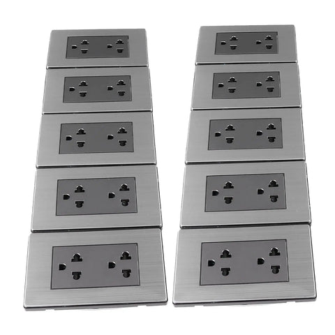 Solid Stainless Steel Wall Outlets Heavy Duty Ten Piece Electrical Sockets For Home And Office displayed in two rows.