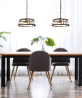 Dining room with Dope Black And Gold 3 Light Drum Pendant Chandelier With Hollow Metal Shade over table
