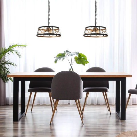 Dining room with Dope Black And Gold 3 Light Drum Pendant Chandelier With Hollow Metal Shade over table