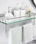 Brushed Nickel 20 Inch Glass Bathroom Shelf With Towel Bar, Stainless Steel Tempered Glass Shelf, Wall Mount Over The Toilet