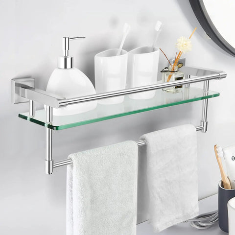 Brushed Nickel 20 Inch Glass Bathroom Shelf With Towel Bar, Stainless Steel Tempered Glass Shelf, Wall Mount Over The Toilet
