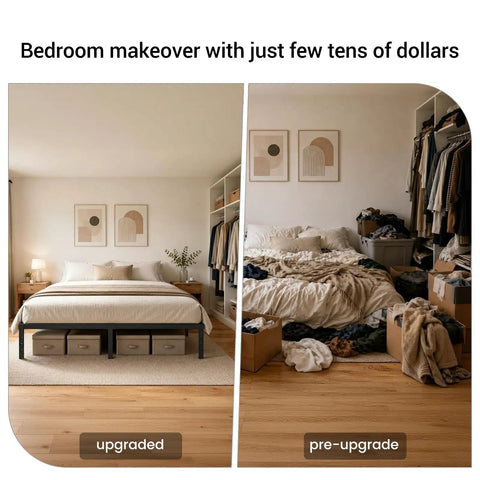 Queen Size Metal Platform Bed Frame With Heavy Duty Steel Construction And Eleven Tough Support Legs giving a tidy look to an upgraded bedroom.