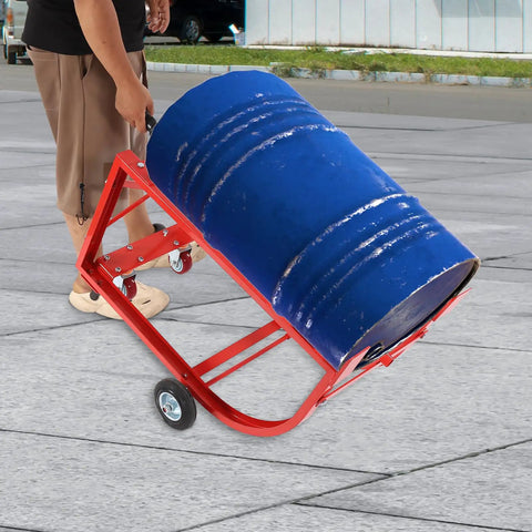 Person using Rock Solid 55 Gallon Drum Cradle Heavy Duty Steel Drum Stand with blue drum on smooth rolling lockable caster wheels.