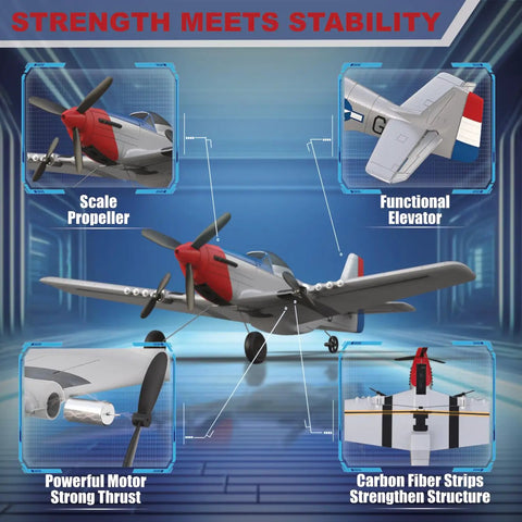 Noob Friendly RC Plane With P51 Style Fighter Look featuring propeller, tail elevator, powerful motor, carbon fiber structure