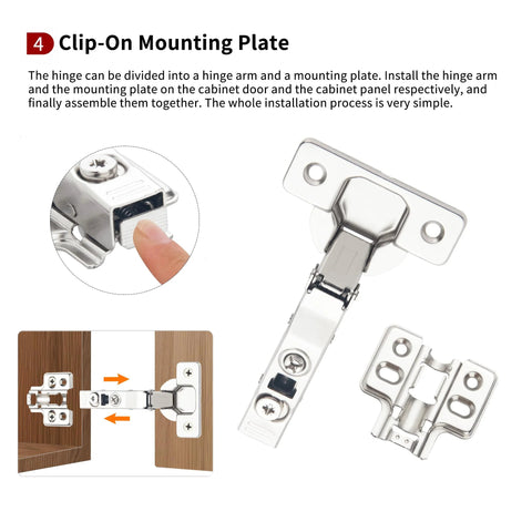 Two Pack Full Overlay Frameless Soft Close Concealed European Cabinet Hinges installation with clip-on plate
