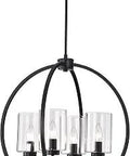 22-Inch Matte Black And Brown Finish Caged Chandelier With Four E12 Bulbs Retro Farmhouse Vibe Metal And Glass Ceiling Fixture