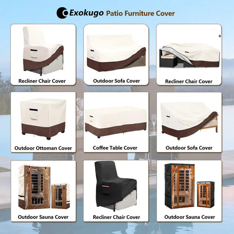 Heavy Duty Waterproof Outdoor Recliner Chair Cover For Patio And Lawn Fits Up To Thirty One Point Five Inch Deep 31 Inch Wide 41 Inch High 600D Oxford Tough As Nails Tear Resistant Weatherproof Beige And Brown shown among other furniture covers