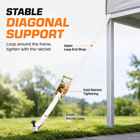 Four Pack 1 X 12 Feet White Ratchet Tent Straps Loop End Heavy Duty No Slip Webbing Tie Downs securing tent frame with ratchet.