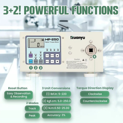 Digital Torque Meter And Torque Gauge For Screwdrivers And Wrenches, PC Ready Data Collection Software, USB Cable Included, Auto Shutdown, Custom Alarm Values, Stores Up To Ten Peak Readings, Great For DIY And Pros. HP-250 display with torque direction settings.