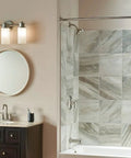 Modern bathroom with Two-Handle High Arc Bathroom Faucet In Spot Resist Brushed Nickel Finish, ideal for smooth temperature control.