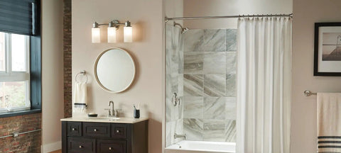 Modern bathroom with Two-Handle High Arc Bathroom Faucet In Spot Resist Brushed Nickel Finish, ideal for smooth temperature control.