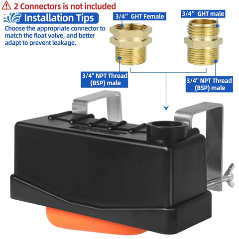 Automatic Stock Tank Float Valve For Livestock Waterer Trough With Safe Auto Water Level Control No More Night Checks Prevents Overfill And Flooding Easy Farm Water Management For Ranch Barn Yard, black PE float valve with 3/4 inch NPT brass connectors